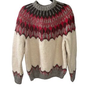 HAND KNIT Wool Fair Isle Nordic Chunky Knit Sweater Cream Red Black Grey XL